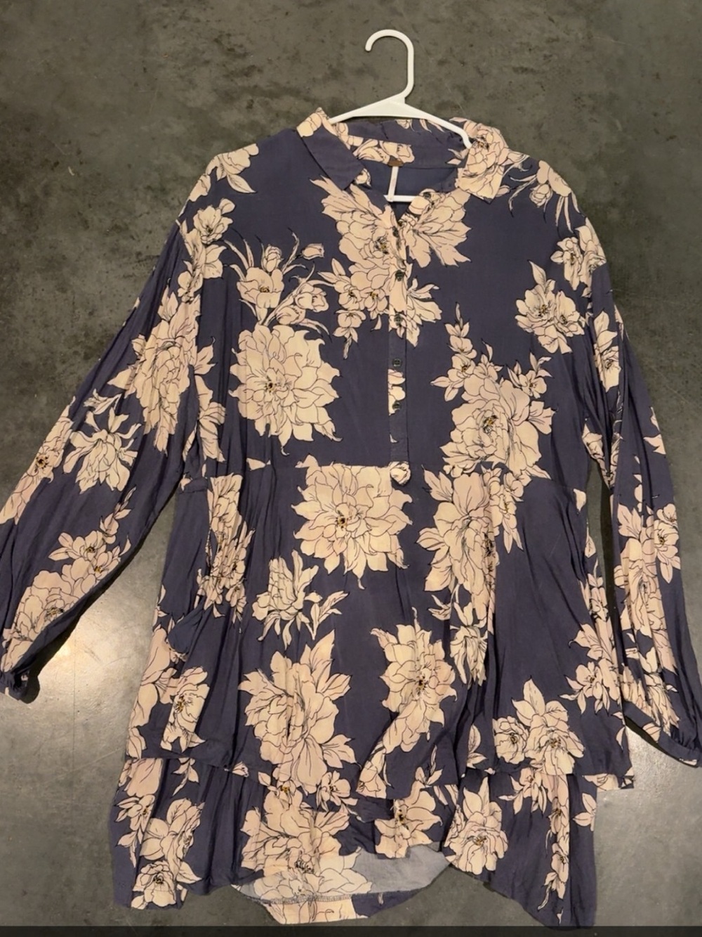 Free People Navy and Cream Floral Button-Up Tunic